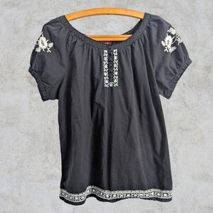 Gloria Vanderbilt Peasant Boho Puff Sleeve Blouse Black White Embroidery M